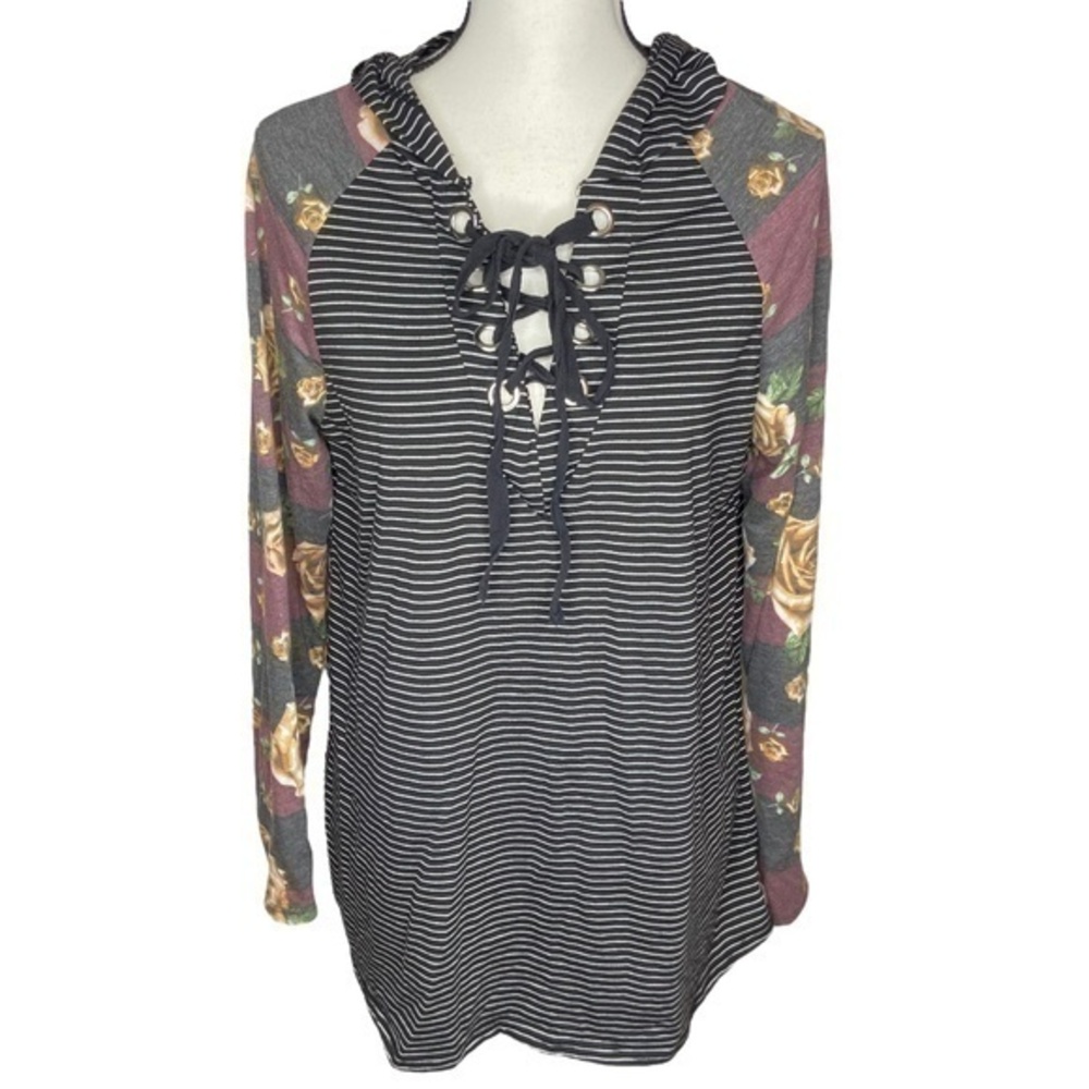 White Birch Top Striped Floral Long Sleeve Lace Up Hooded Top Size L